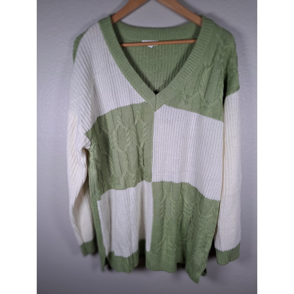 Derek Heart Sage Green Cream Patchwork Cable Knit V-Neck Sweater 2X